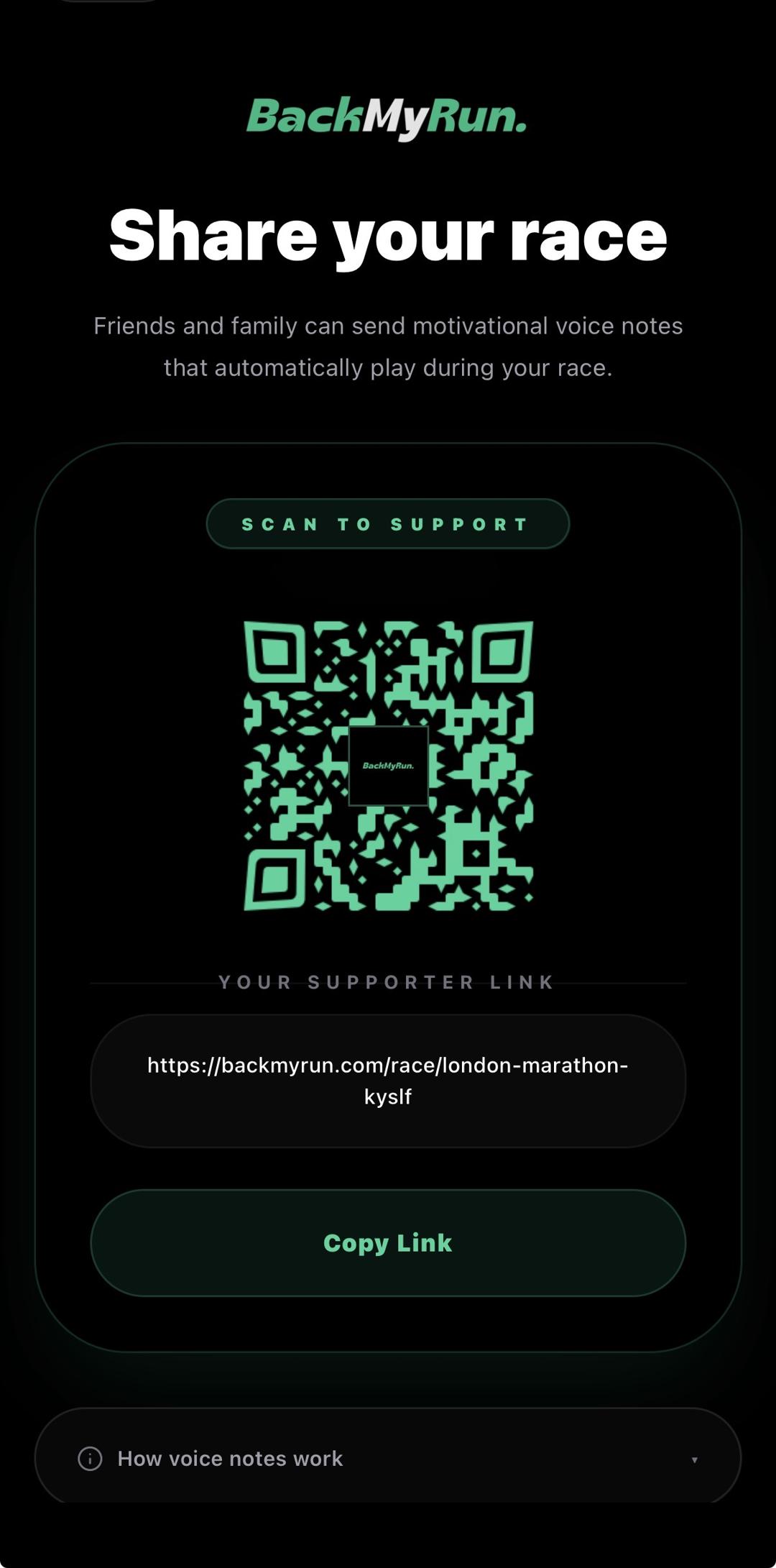 Supporter voice message screen in Back My Run