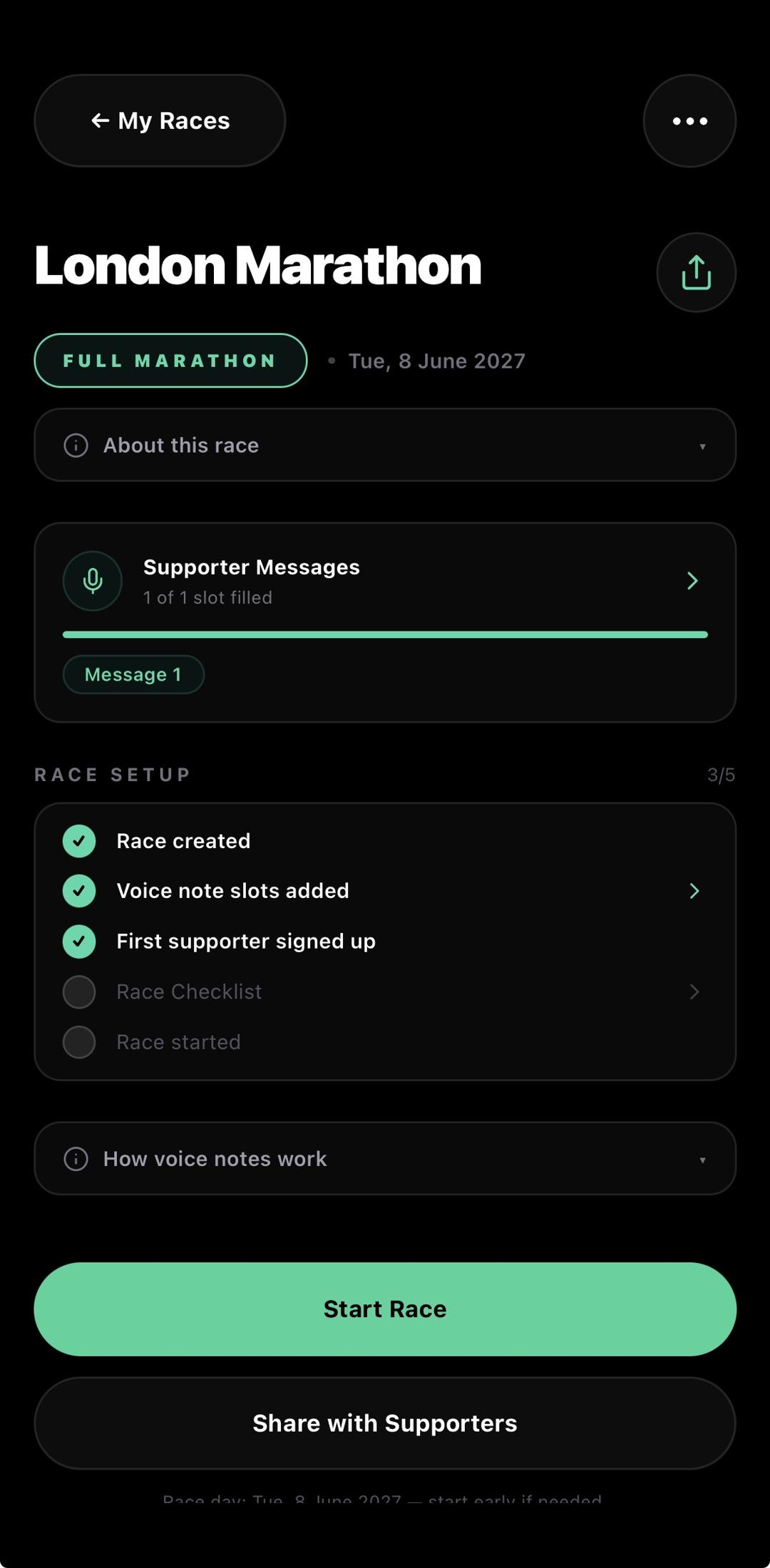 Back My Run race dashboard showing runner progress